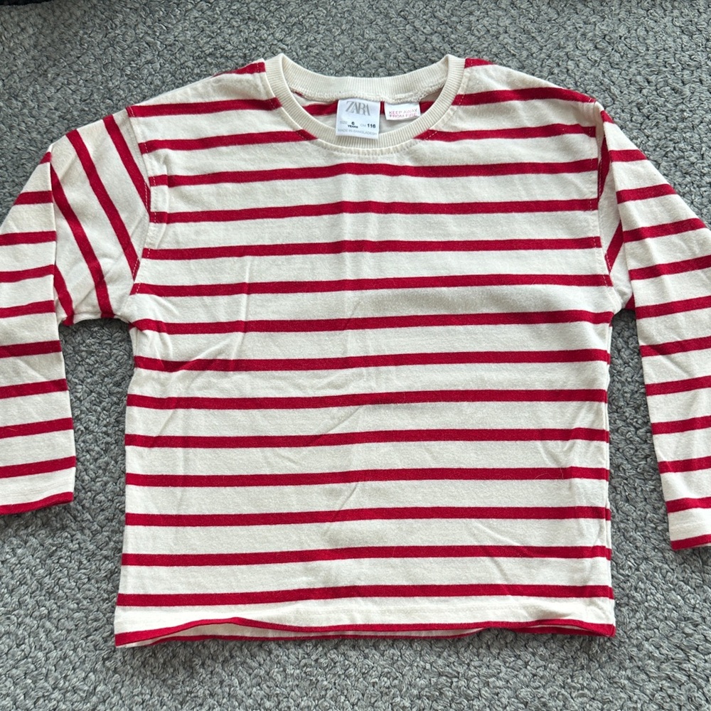 NWOT Zara Kids Cream and Red Striped Long Sleeve Tee